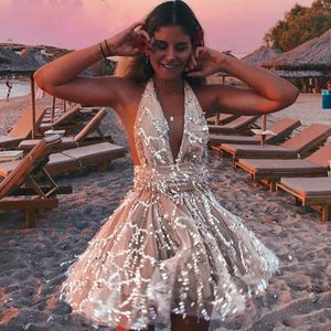 Abiti casual Happie Queens Donna Solid Bow Beach Sexy Tassel Paillettes Bohemian Mini Dress Scollo a V senza maniche Canotta Boho SundressCasual