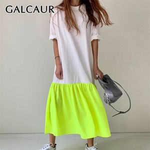 GALCAUR Coreano Patchwork Hit Color Dress Donna O Collo Mezza manica Oversize Casual Midi Abiti Donna Estate Nuovi vestiti T200620