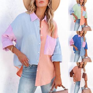 Весенняя лето мода женщина новая лоскутная рубашка элегантная поездка контрастной оцветной кнопки кардиганская уличная одежда дамы повседневная блуз