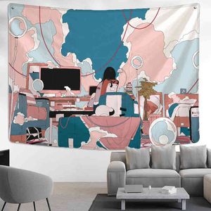 Anime Girl Illustrazione Tappeto Appeso a parete Kawaii Stile boemo Camera estetica Dormitorio Decorazioni per la casa J220804