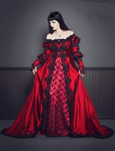 Gotisk någonsin efter mörkröd bröllopsklänning en linje vintage viktorianska brudklänningar svarta spetsar appliced ​​pärlastad långärmad brud formella klänningar 2022 vestidos