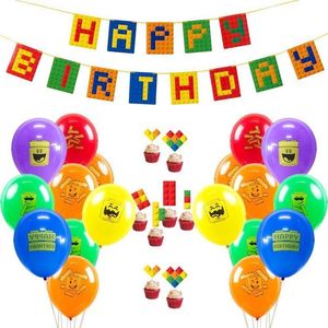 Färgglada tegel tema party set latex ballonger lycklig födelsedag banner kaka topper byggsten barn tegel och blockdekorationer 201203