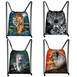 Plecak Zwierząt Lion Tygrys Lampart Drukuj Sznurek Torba Kobieta Mężczyźni Dorywczo Ramię Do podróży Duża magazynowe torby na prezent