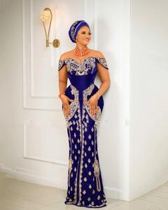 Veet Fromal Blue Royal Africanイブニングドレスは肩のレースアップリケAso ebi Mermiad Prom Gowns for Women Party Wear