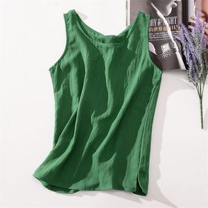 Blusas femininas algodão e linho sem mangas camisa fêmea o pescoço verão sólido plus size túnica verde blusa básica Mulheres 220514