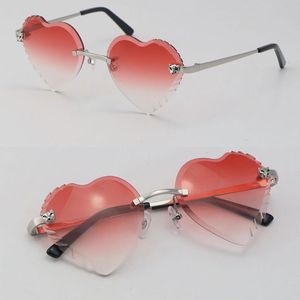 Ny hjärtform Face Rimless Metal Solglasögon Women Seriesr Diamond Cut Lens Outdoors Driving Red Lens Glasögon Design Avtagbar 18K Guldram Storlek: 56-18-140mm