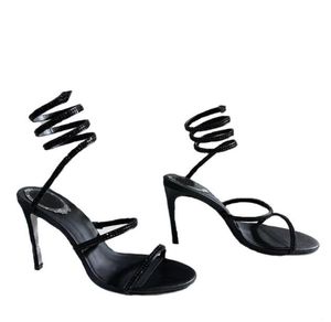 Sapatos de alta qualidade para feminino rene caavilla designer de luxo cristal tornozelo tira enrolando 10 mm de altura sapatos de vestido sexy estiletto moda