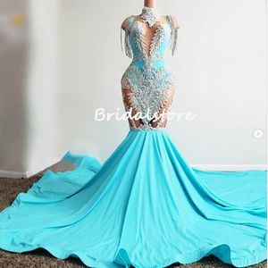 Aso Ebi Afrikanische Meerjungfrau Ballkleider 2022 Blaue Applikationen Plus Size Schwarzes Mädchen Abendkleid Quaste Langes formelles Partykleid Frauen Vestidos De Noche Femme Roben