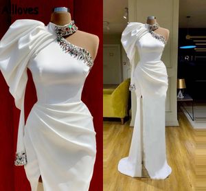 White Satin One Shoulder Long Sleeve Evening Dresses High Neck Sparkly Rhinestones Beaded Mermaid Prom Party Gowns Ruched Split Sexy Formal Occasion Wear CL0835