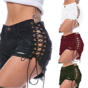 Women's Shorts Summer Tassel Denim Party Rave Women Sexy Club Skinny Lace Up Mid Waist Hole Rivet Button Black Short Jeans