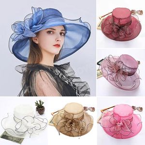 Mode blommor organza mössa stor brett brimkyrka fascinator sol hattar för kvinnliga damer bröllop bonnet sommar hink hattar
