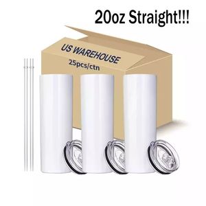 US Wholesale Stainless Steel Straight Sublimation Tumblers 20oz With Straw And Lid Slim Water Bottle Mugs CA Stock 0304