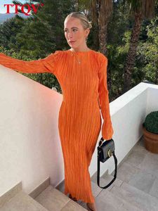TTQV Fashion Orange Women'S Dress 2022 Bodycon O-Neck Long Sleeve Maxi Dress Ladies Elegant Slim Classic Pleated Party Dresses T220804