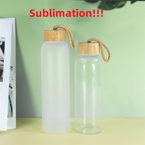 500ml Sublimation Water Bottle with Bamoo Lids Frosted Clear Glass Juice Bottle Transparent Blank Sublimation Tumbler Travel Mug