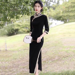 Ethnic Clothing Black Sexy Velour Chinese Dresses With Lace Trim Big Size Side Split Cheongsams Slim Celebrity Banquet Qipao 2022 Vestidos