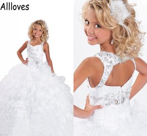 White Organza Ruffles Little Girl's Pageant Dresses Halter Gorgesous Rhinesontes Beaded Flower Girl Gowns Puffy Princess Ball Gown Toddler Kids Formal Wear CL0557