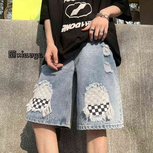 Erkek şort yaz patchwork kot pantolonlar için şort, Korean moda trendleri yırtılmış sokak kıyafeti dipleri genç baggy denim kısa pantolon rahat kıyafetler T220825