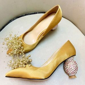 Dress Shoes Crystal Satin Sandals Pineapple Heels Women Classic High Brand Stilettos 8cm Gold Pumps Genuine Leather ShoesDress