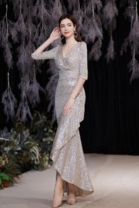 Платья для вечеринок серебряный вечер 2022 Sequined Mermaid Deep V Nece 3/4