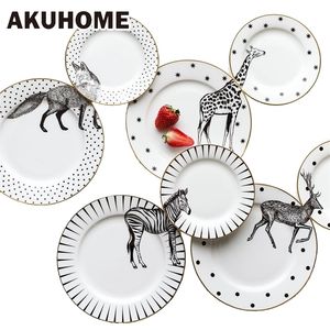 2 Pcs 6&8 Inch Animal Combined Plates Set Ceramic Elk Giraffe Zebra Pattern Steak Breakfast Cake Fruits Dish 220307