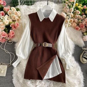 Damenblusen Hemden Frühling Herbst Anmutige Frauen Tops Kleidung 2022 Koreanische Laterne Ärmel Weißes Hemd Gestrickte Weste 2 Stück Set Lady Sleve