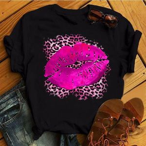 Casual Top Pink Leopard Tee Print Lips Womens Sexig läppmönster T-shirt mode