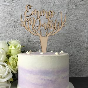 Ahşap Geyik Antlers Topper Weddingso için Yapılan Gelin Damat Adı Kek Topper Aynada Alt Goldgitter Altın Akrilik 220618