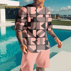 Men's Sports Suit T-Shirt + Shorts Sportswear 2 Piece Set of Sky Letters 3D Solid Color Printed Short Sleeve Sportswear Top 2022 G220414