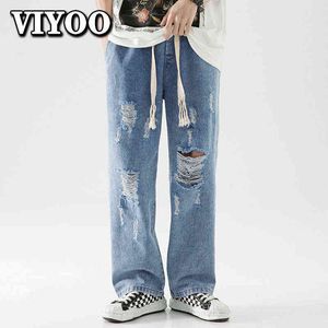 Wide Leg Men's Fashion Y2K kläder Man Retro Baggy Ripped Jeans Casual Elasticity Drawstring Pants Straight Tousers For Men T220803