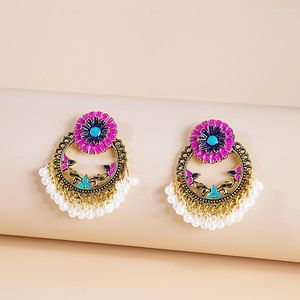 Stud Vintage Women's Pink Flower Earrings Boho Ethnic Enamel Hollow Pearl Beads Tassel Jhumka Wedding Jewelry GiftStud StudStud Kirs22