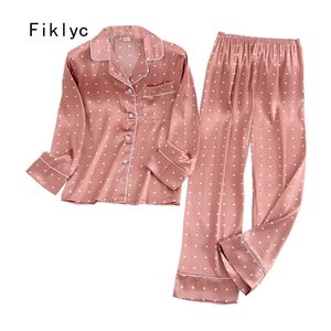 Fiklyc 속옷 봄 가을 가을 긴 소매 바지 여성 S 턴 다운 새틴 잠옷 세트 Pizama Damska Night Suits Huispak Hot LJ200822