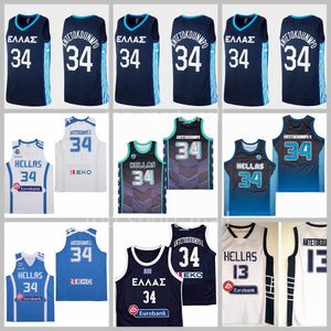 National Team Greece Basketball Jersey Giannis Antetokounmpo 34 Eurobank Hellas High School Navy Blue White Color for Men Printed and Ed Style