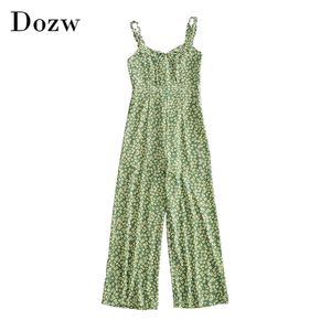 Boho Çiçek Baskı Bodysuit Kadınlar Bow Tie Spagetti Strap Tatil Beach Playsuit Ladies Sıradan geniş bacak tulum 210515