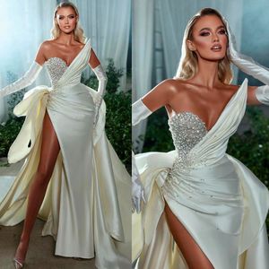 Luxury Pearl Prom Dresses With Detachable Train High Split Satin Evening Gowns Elegant Custom Made Party Dress