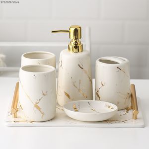 Badezimmer-Set aus Keramik, Toilettenartikel, Marmor-Porzellan, Tasse, Zahnbürstenhalter, Seifenspender, Tablett, Dekoration, Zubehör 220523