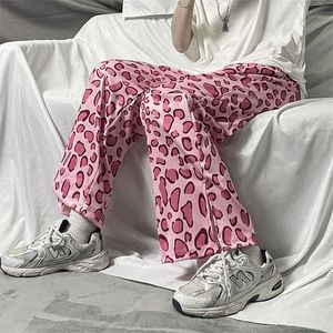 여성의 바지 넓은 다리 바지 여름 거리 핑크 표범 프린트 스트레이트 캐주얼 하이 허리 슬림 트렌 Y2K 바지 정장하라 주쿠 220726