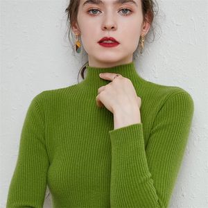 Mulheres de caxemira de colarinho meio alto Mulheres finas parágrafos compridos suéter de lança comprida suéter de cor sólida espessamento suéter 210203