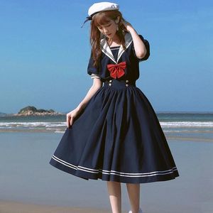 Casual Dresses Harajuku Sailor Collar Navy Blue Dress Japanese Lolita Sweet Bow Girl Retro Cotton Kawaii College Style Long sleeved Women