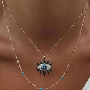 Vintage Boho Style Austrian Crystal Blue Evil Eye Pendent Necklace for Women 18K Gold Plated Double Layer Chain Good Luck Charm Necklaces Jewelry Gift