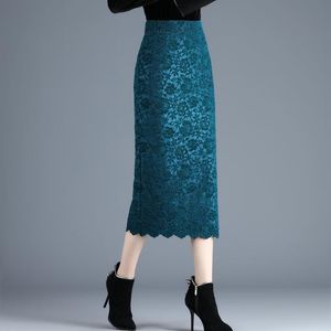 Saias de outono primavera feminina alta cintura preta azul renda lápis Salia outono roupas de mulher 4xl slim for feminkirts