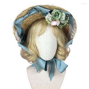 Geniş Memlu Şapkalar Kadın Kızlar Lolita El Yapımı Saman Güneş Hat Yapay Çiçek Vintage Style Zarif Çay Partisi Seyahat Plajı Düz ​​Kapan