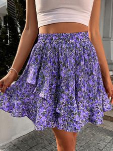 Ruffle ALine Skirt Summer Floral Print Pleated High Waist Short Skirts Casual Fashion Elegant Female Party Skirts 220521
