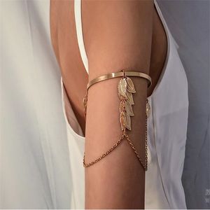 Bohemian Leaf Charm Upper Arm Bracelet Metal Leaves Tassel Pendants Arm Cuff Bangle Bracelets for Women Fashion Jewelry GC1174