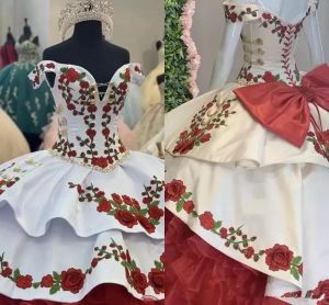 2022 2022 Floral Embroidery Quinceanera Dresses Charro Off The Shoulder Bow Tiered Satin Ball Gown Prom Dress 7th Grade Sweet 15 Dress