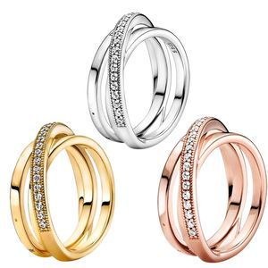 Crossover Pave Triple Band Ring 925 Sterling Silver Rose gold plated Original box for Pandora Men Womens Wedding Rings set