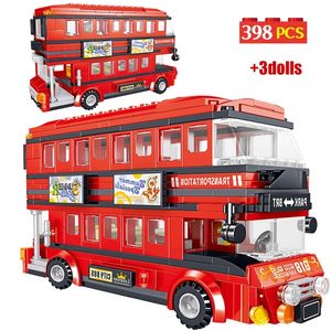 398PCS CITYダブルデッキバスビルディングブロックレッドトランスポートスクールカーブリックDIYおもちゃのための子供少年220715