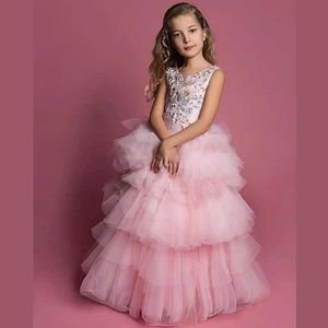 Vestidos da menina princesa até o chão flor menina festa renda sem mangas jóia pescoço com TierGirl's