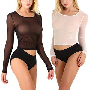 Summer Sexy Sheer Mesh Fish Net T Shirt dla kobiet przezroczystą pokusę długi rękaw