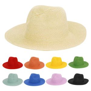 Straw Hat Retro Cowboy Hats Travel Beach Sun Protection Caps Plain Wide Brim Sunhat Vintage UV Flat Top Bucket Caps