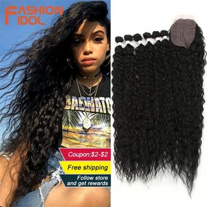 FASHION IDOL Afro Kinky Curly Hair With Closure For Black Women Soft Long 30inch Ombre Golden Synthetic Hair Heat Resistant 220622